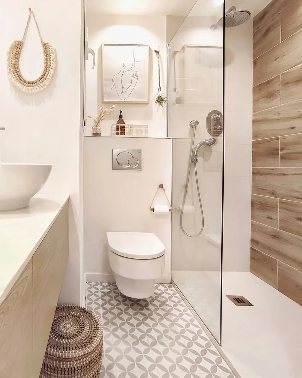 Compact bathroom with wood and patterned tile