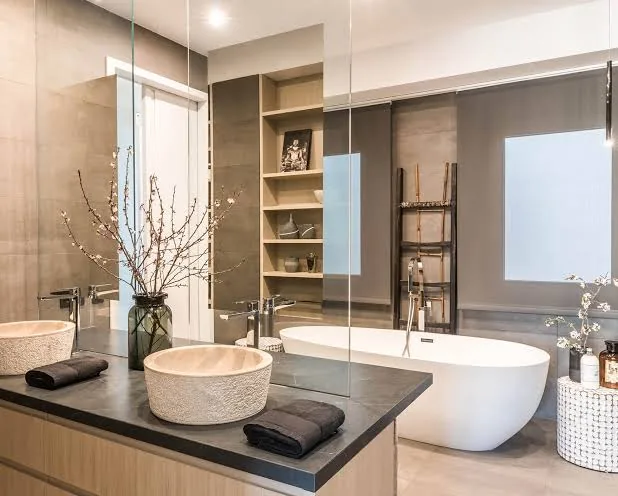 Spa-style bathroom with freestanding tub