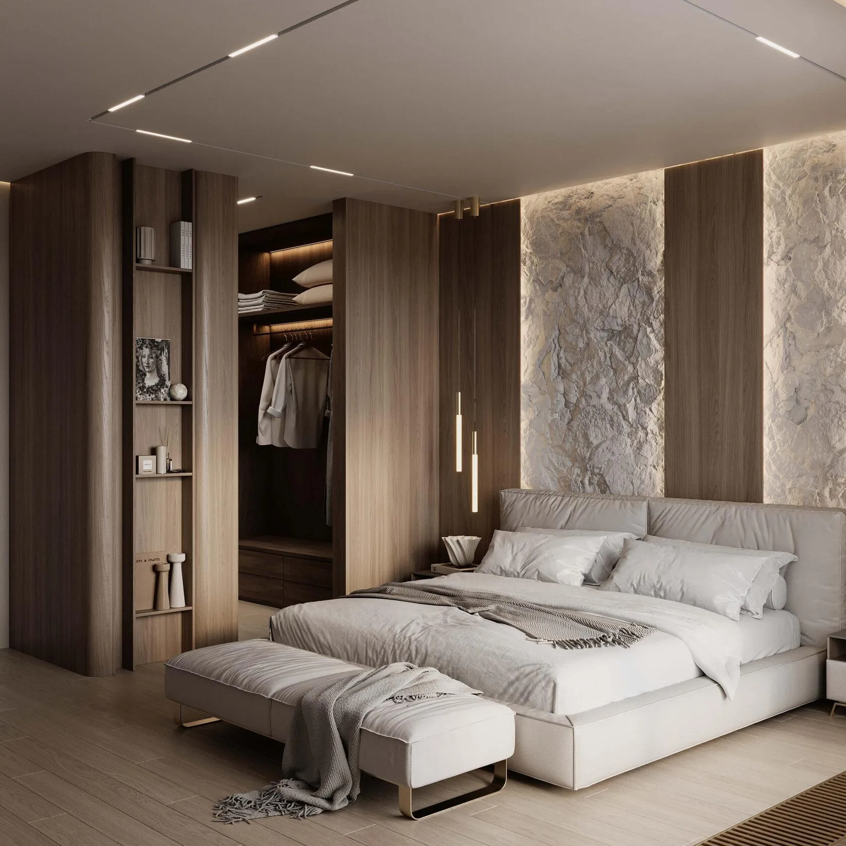 Master bedroom with illuminated wardrobe