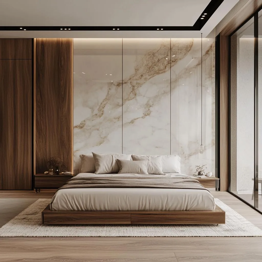 Marble feature wall with walnut details