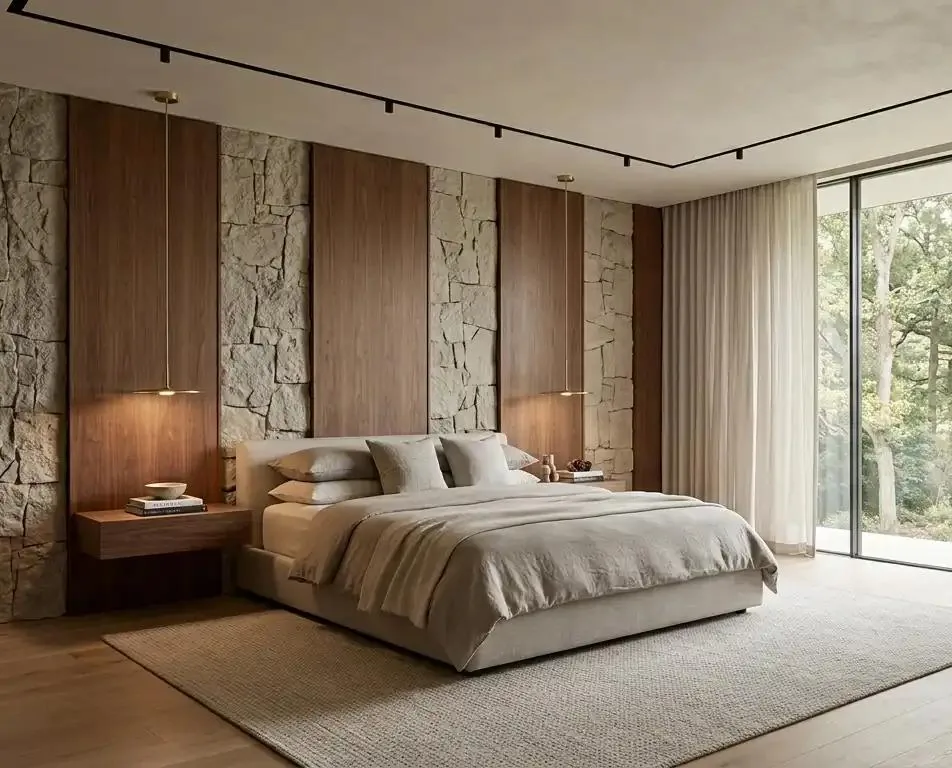Bedroom with stone and walnut feature wall