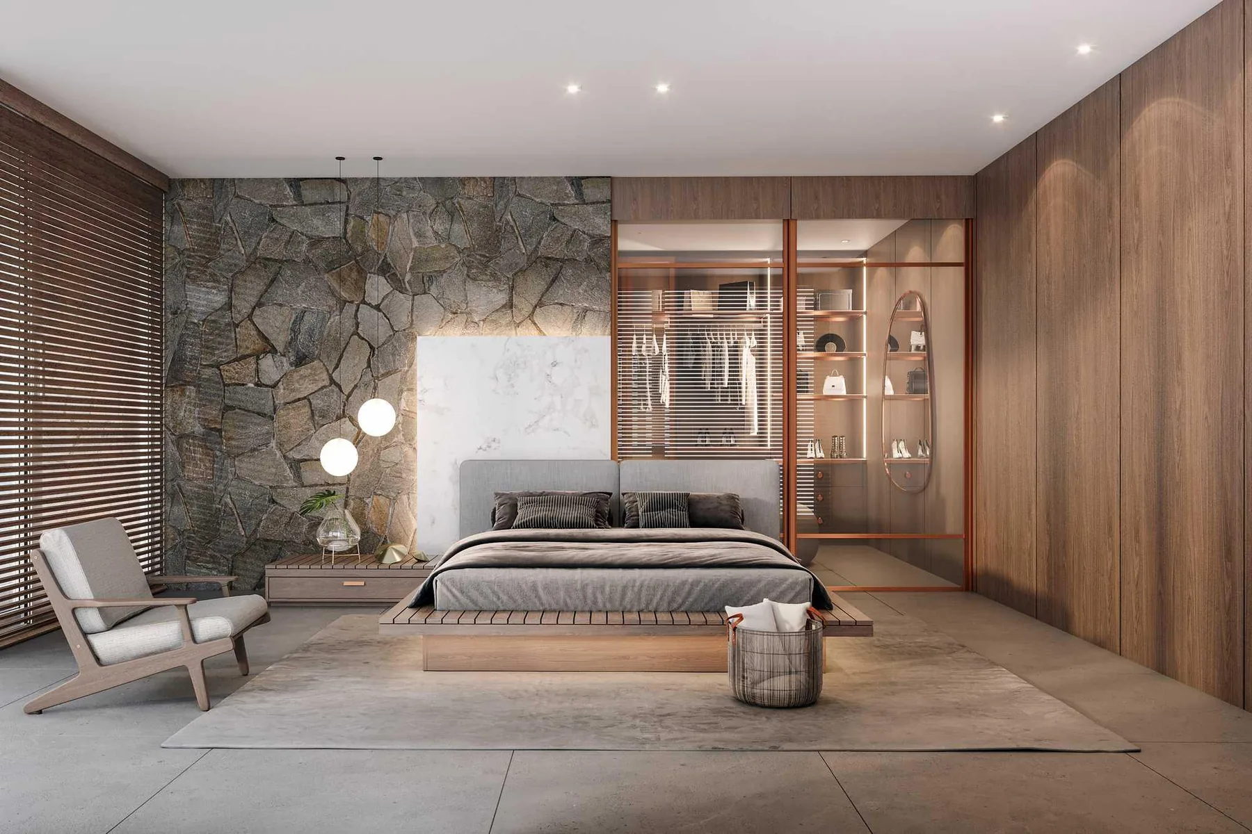 Bedroom suite with marble feature wall and built-in wardrobe