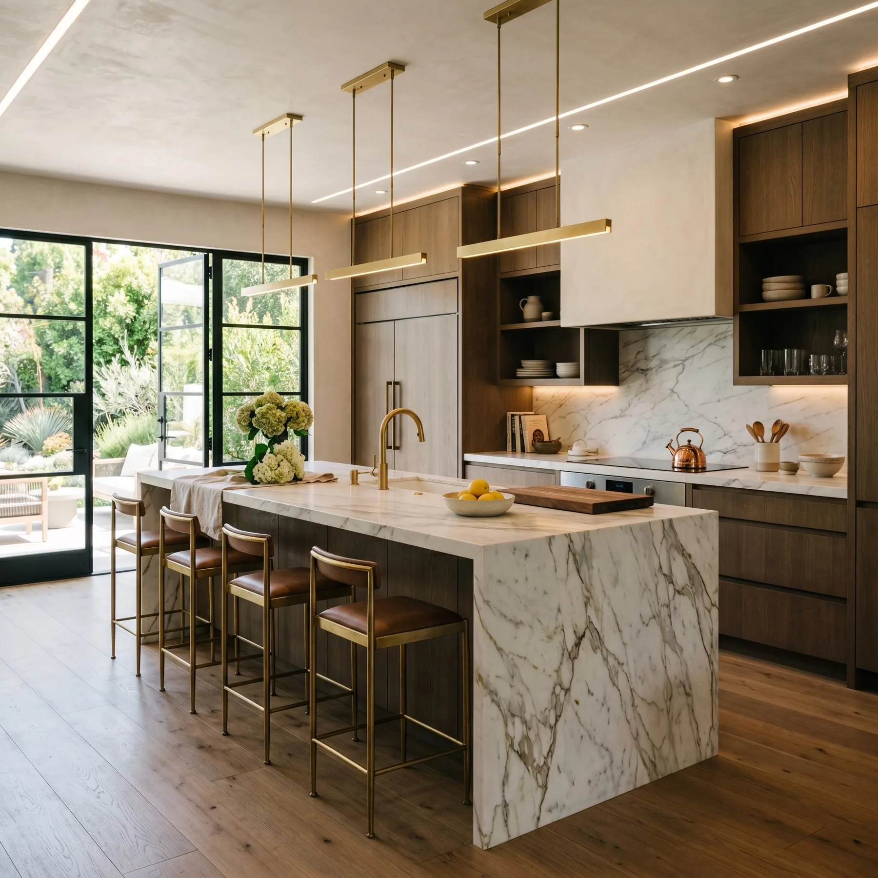 Kitchen with brass pendants and marble island