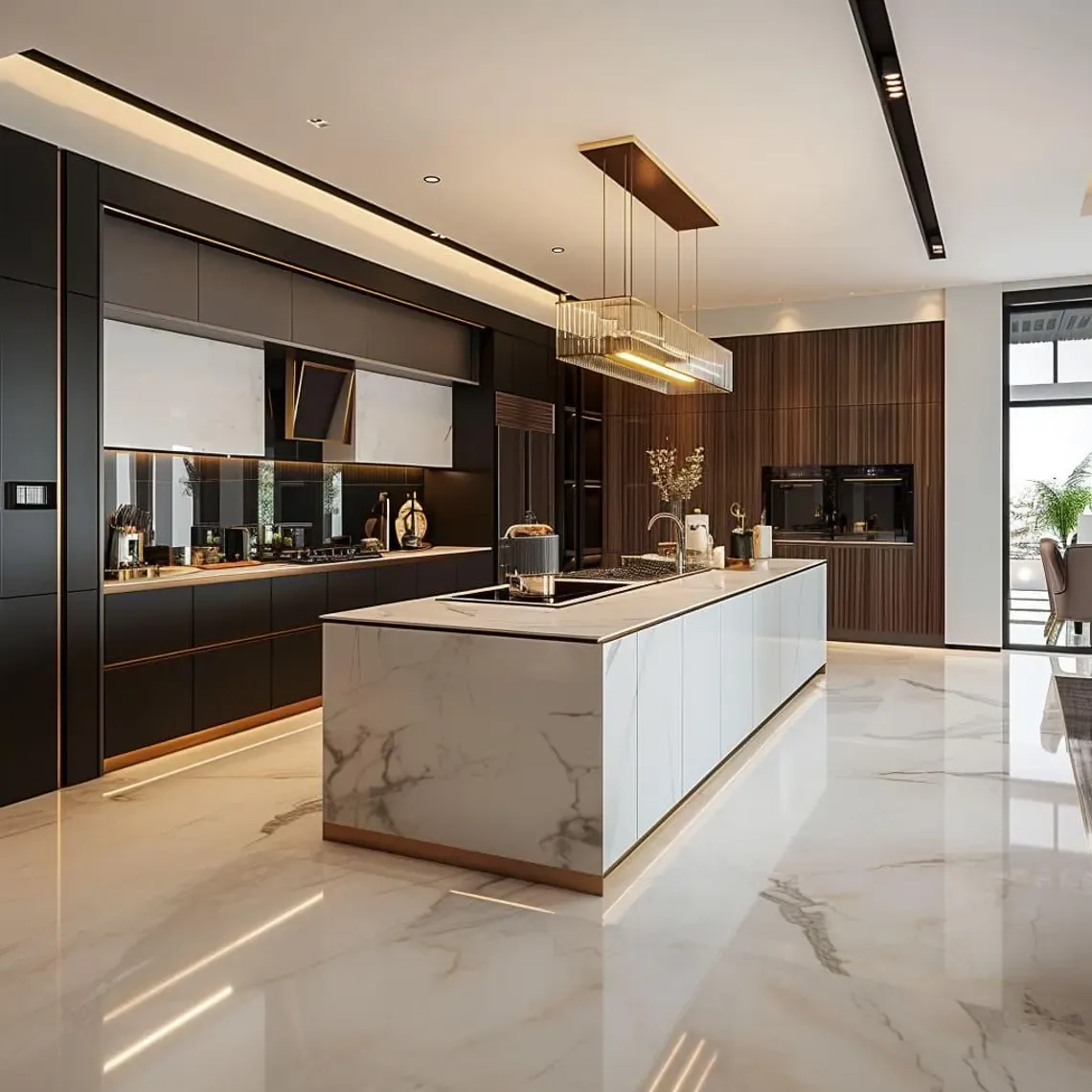 Dark kitchen with marble island and warm lighting