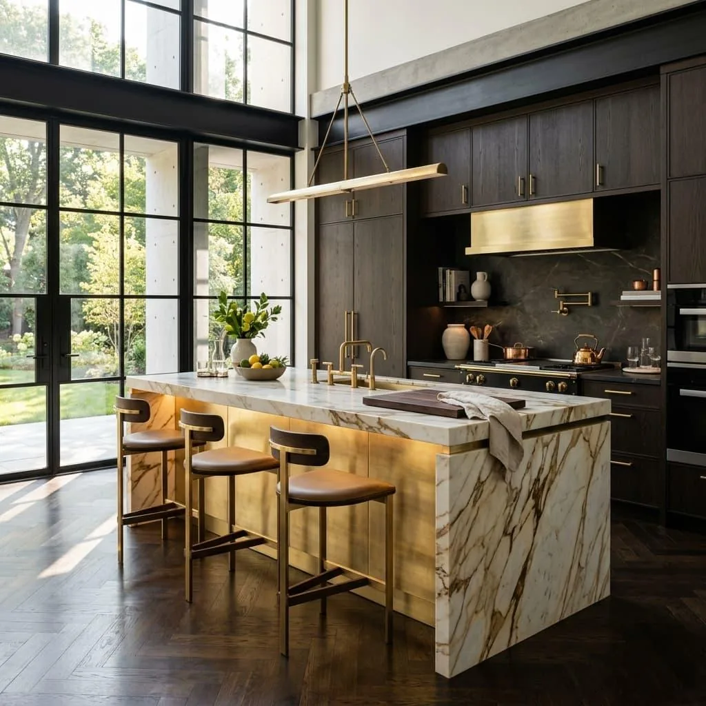 Dark cabinetry kitchen with steel-framed windows