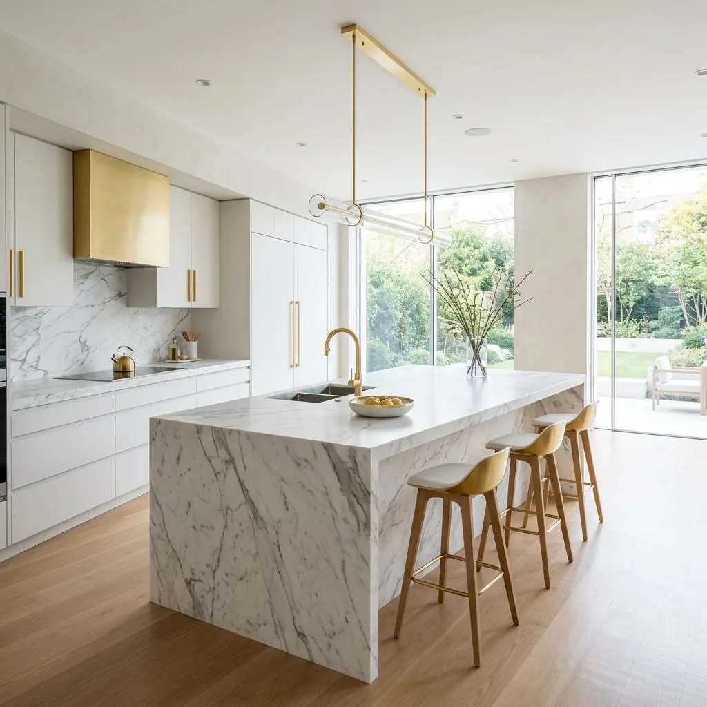 White kitchen with marble waterfall island and brass accents