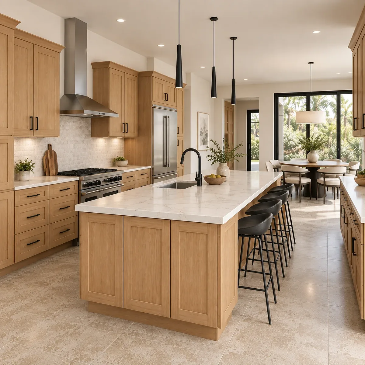 Warm oak kitchen with stone island