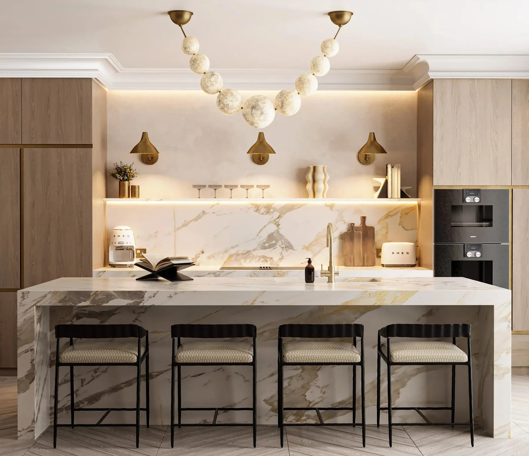 Marble island kitchen with statement pendant