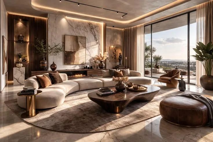 Curved sofa living room with marble coffee table
