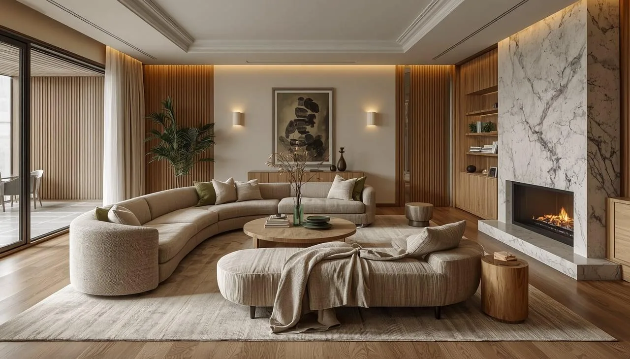 Curved sectional with linear fireplace