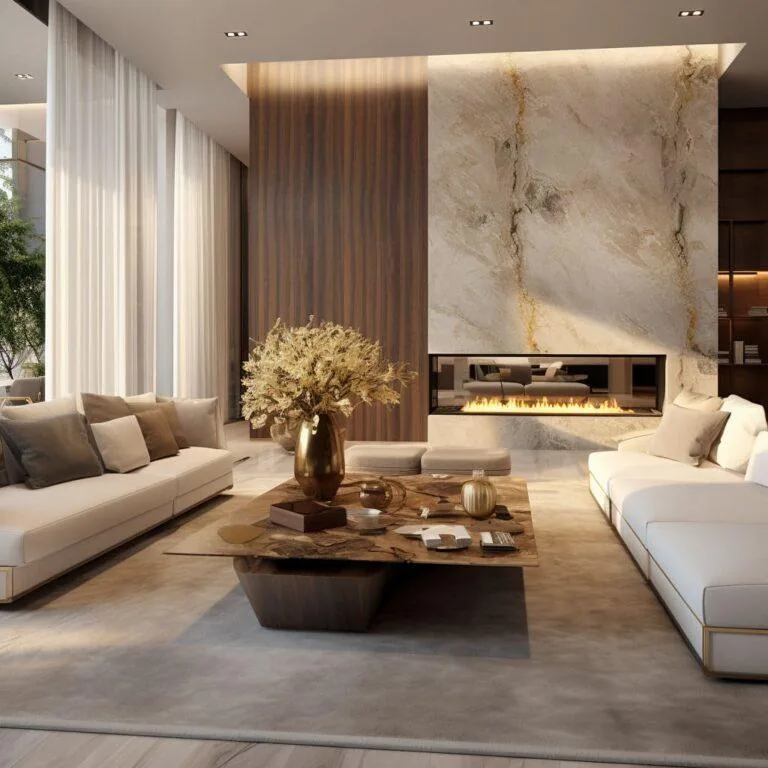 Living room with marble fireplace wall