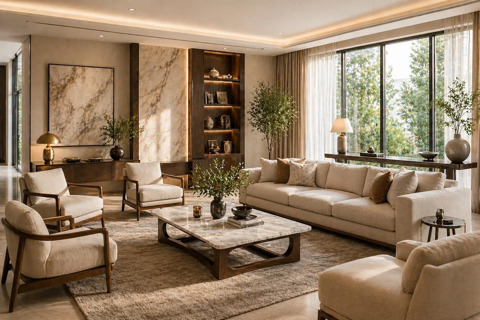 Modern living room with marble, walnut and warm neutral finishes