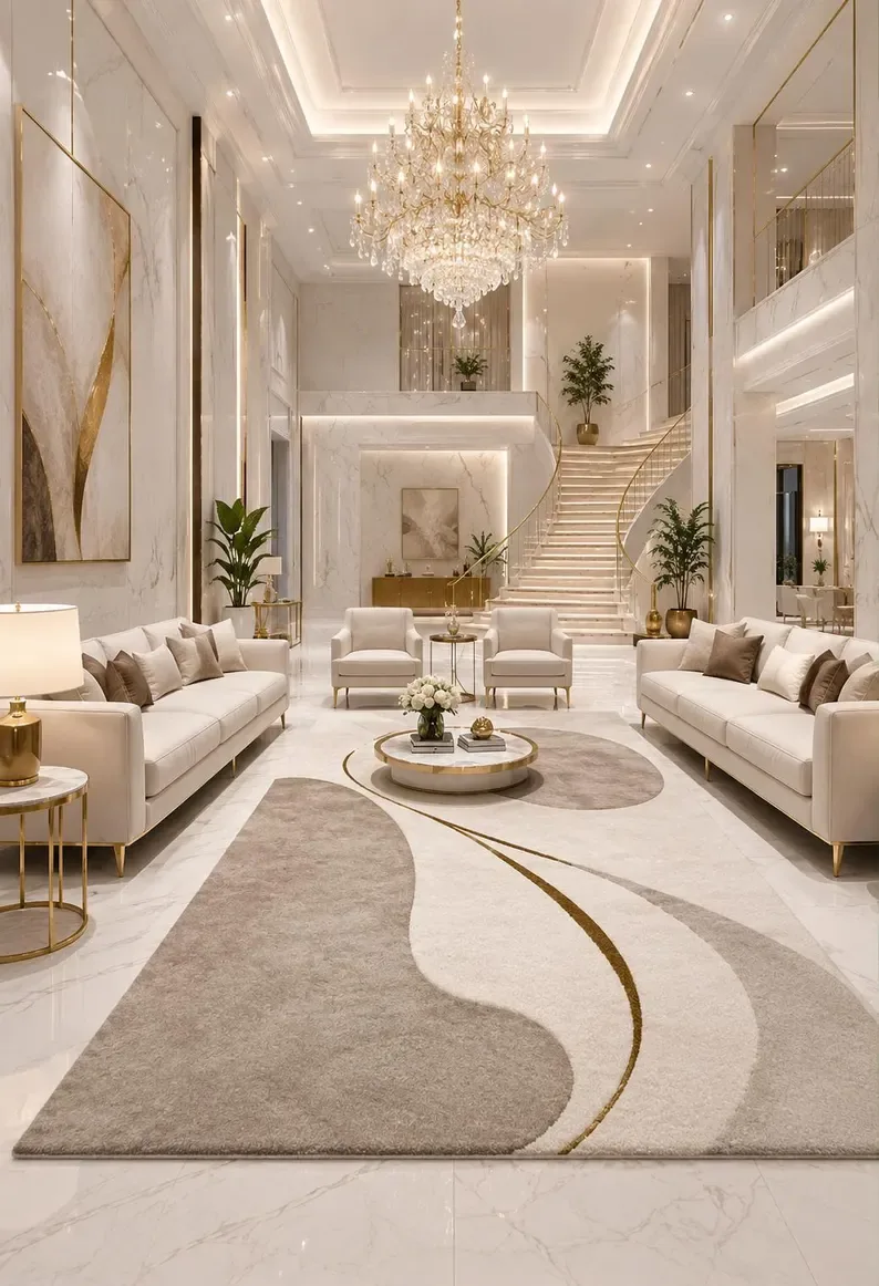 Elegant lobby with chandelier and marble finishes